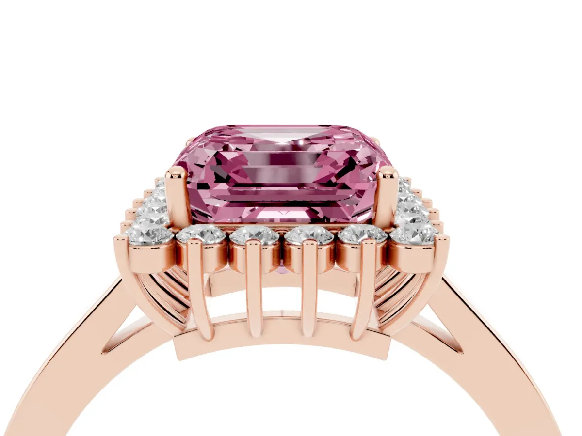 Fancy Pink Asscher Cut Cut Diamond Halo Ring with Round Brilliant Halo and Solitaire Band Rose gold