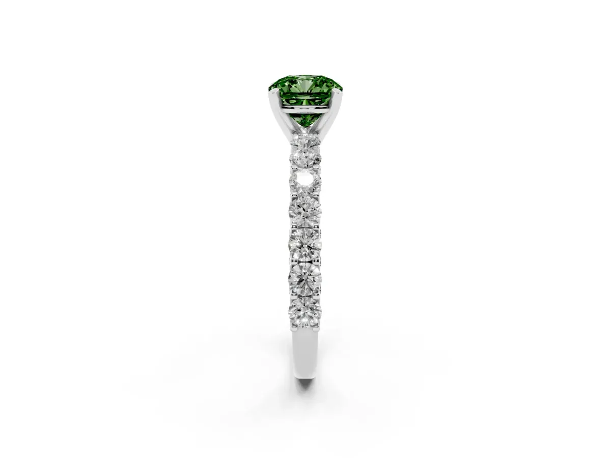 Fancy Green Cushion Cut Diamond Solitaire Ring with Shared Prong Pavé Band and Four-Prong Setting Silver