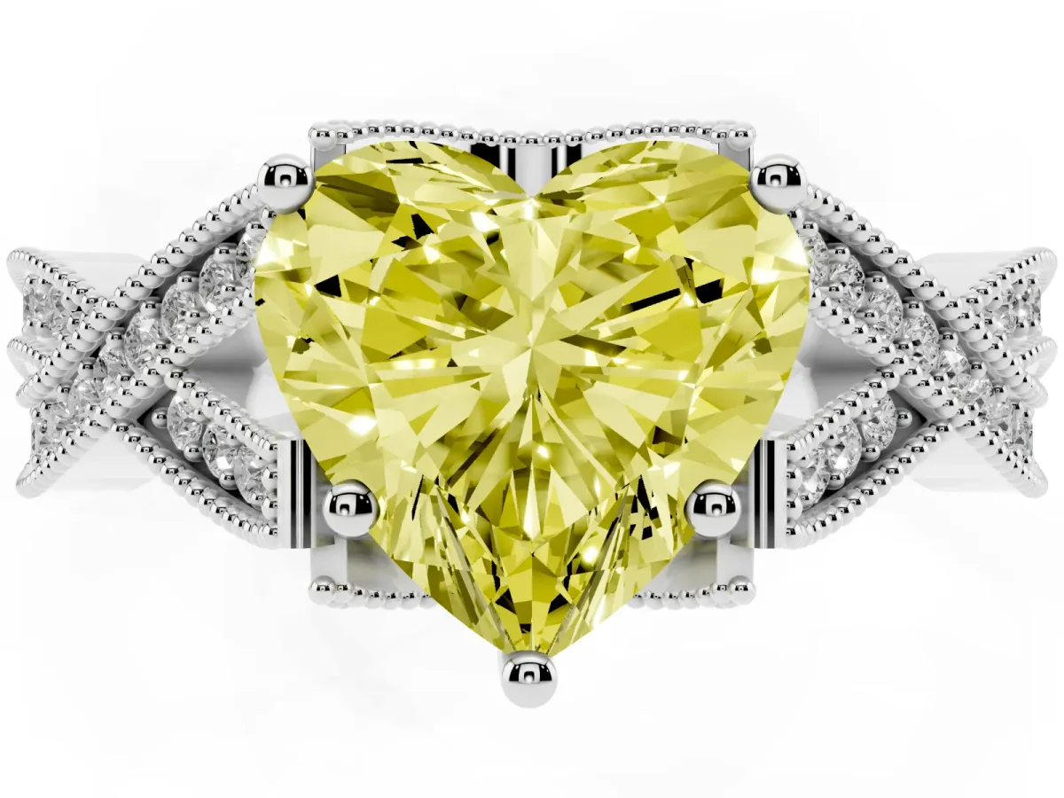 Fancy Yellow Heart Cut Cut Diamond Twisted Band with Milgrain Pave Setting and Four-Prong Setting White gold