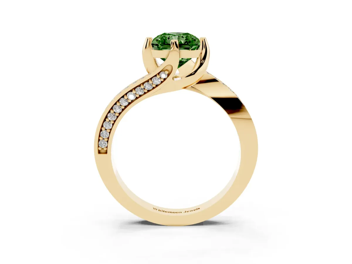 Fancy Green Radiant Cut Solitaire Diamond Twist Band with Pavé Setting and Four-Prong Setting Yellow gold