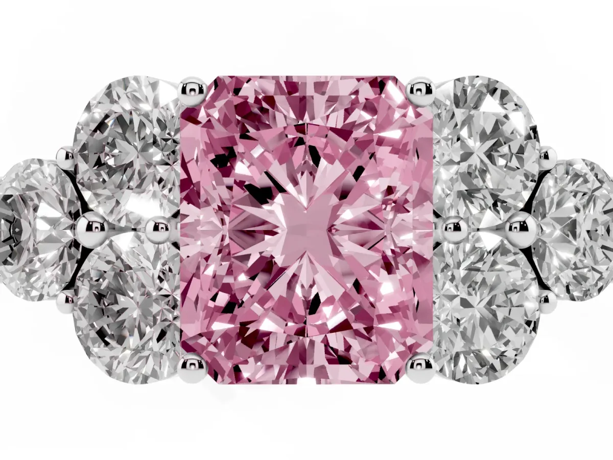 Fancy Pink Radiant Cut Cut Diamond Cluster Ring with Round Accent Stones and Prong Setting on a Classic Band White gold