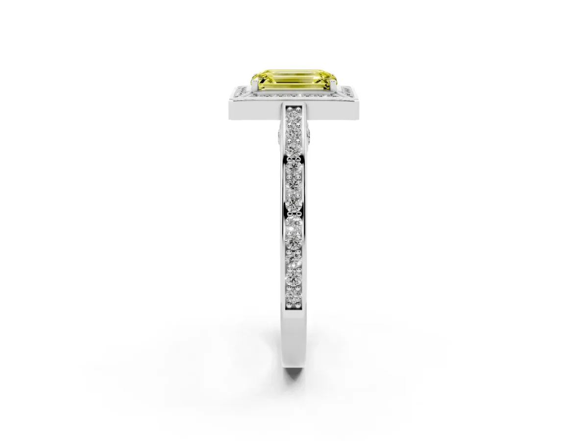 Fancy Yellow Emerald Cut Cut Halo Pave Split Shank Prong Setting Ring Silver