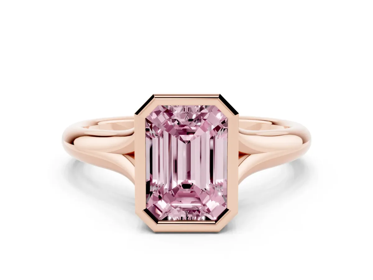 Fancy Pink Bezel Set Emerald Cut Solitaire Diamond Ring with Smooth Band Rose gold