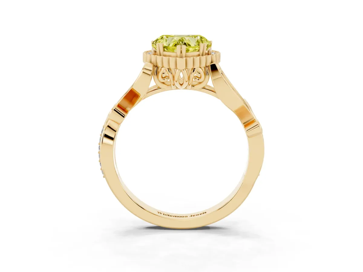 Fancy Yellow Heart Cut Diamond Halo Ring with Vintage Split Shank and Four-Prong Setting Yellow gold