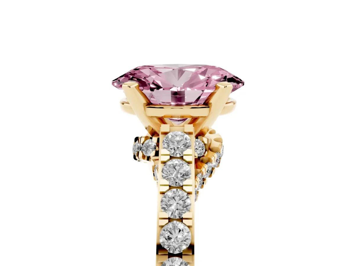 Fancy Pink Oval Cut Diamond Solitaire Ring with Crossover Gallery and Round Pavé Band Yellow gold