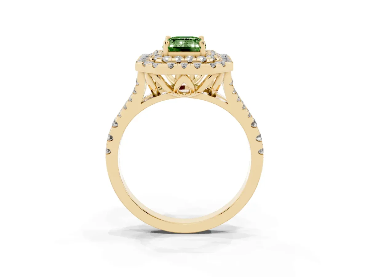 Fancy Green Double Halo Emerald Cut Diamond Pavé Split Shank Ring with Prong Setting Yellow gold