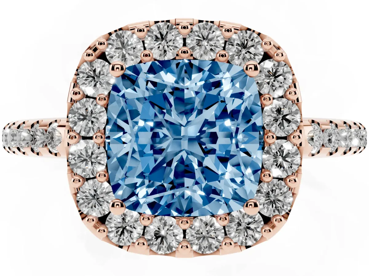 Fancy Blue Cushion Cut Diamond Pavé Halo Ring with Four-Prong Setting Rose gold