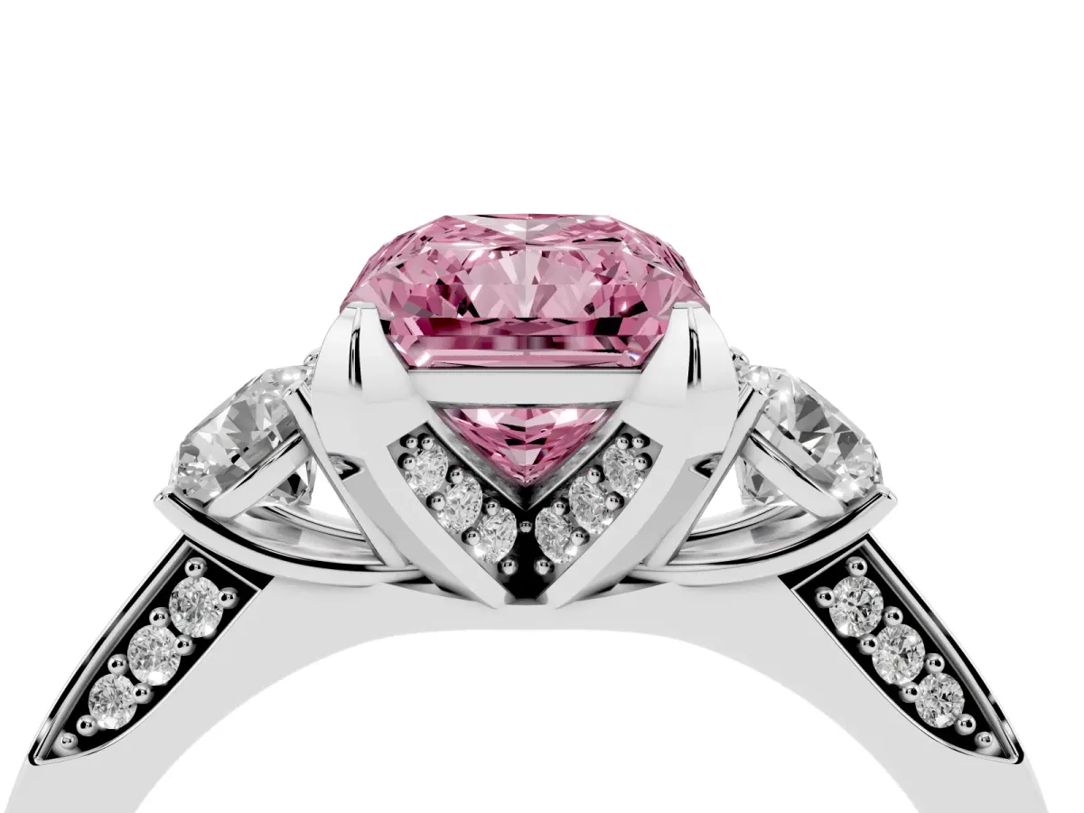 Fancy Pink Radiant Cut Brilliant Three-Stone Diamond Ring with Pavé Band and Four-Prong Setting White gold