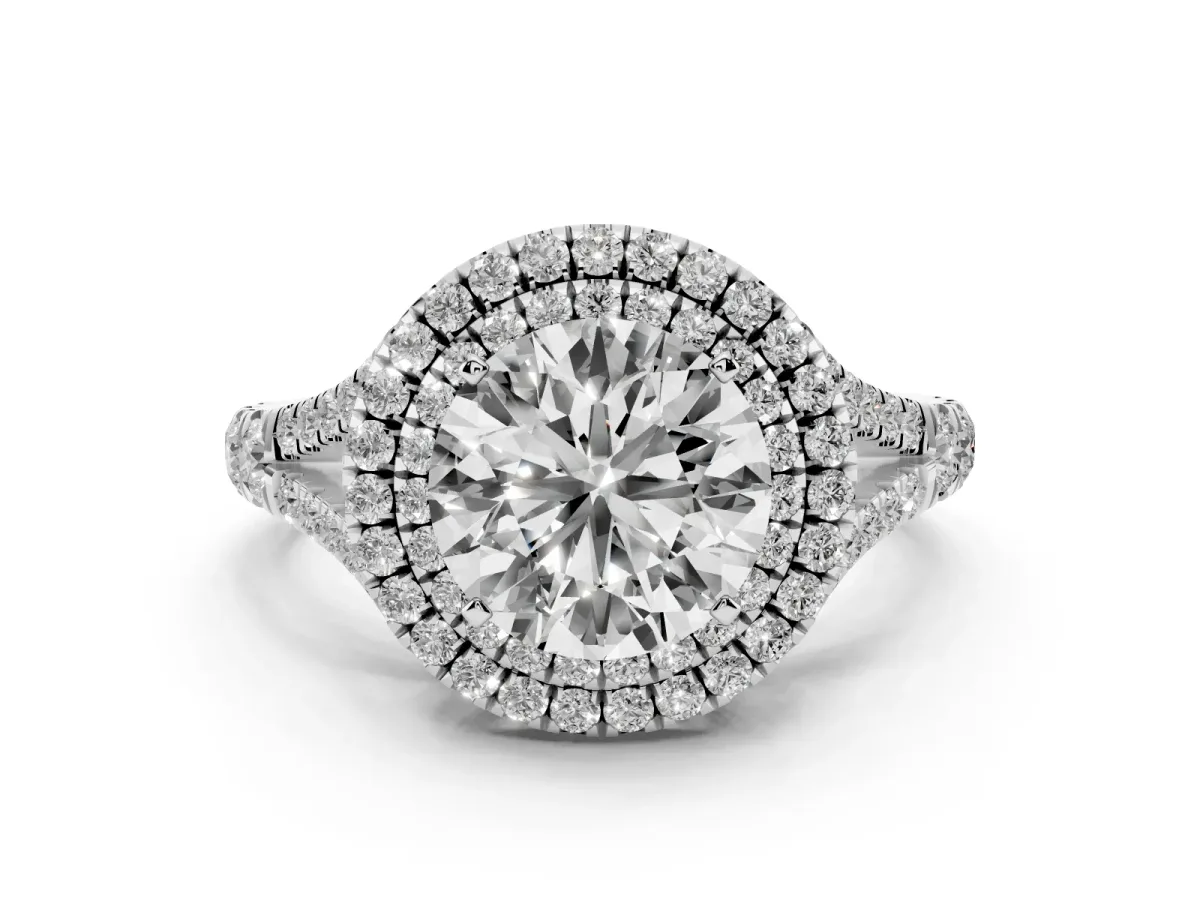 Double Halo Round Cut Diamond Split Shank Engagement Ring with Four-Prong Setting Silver