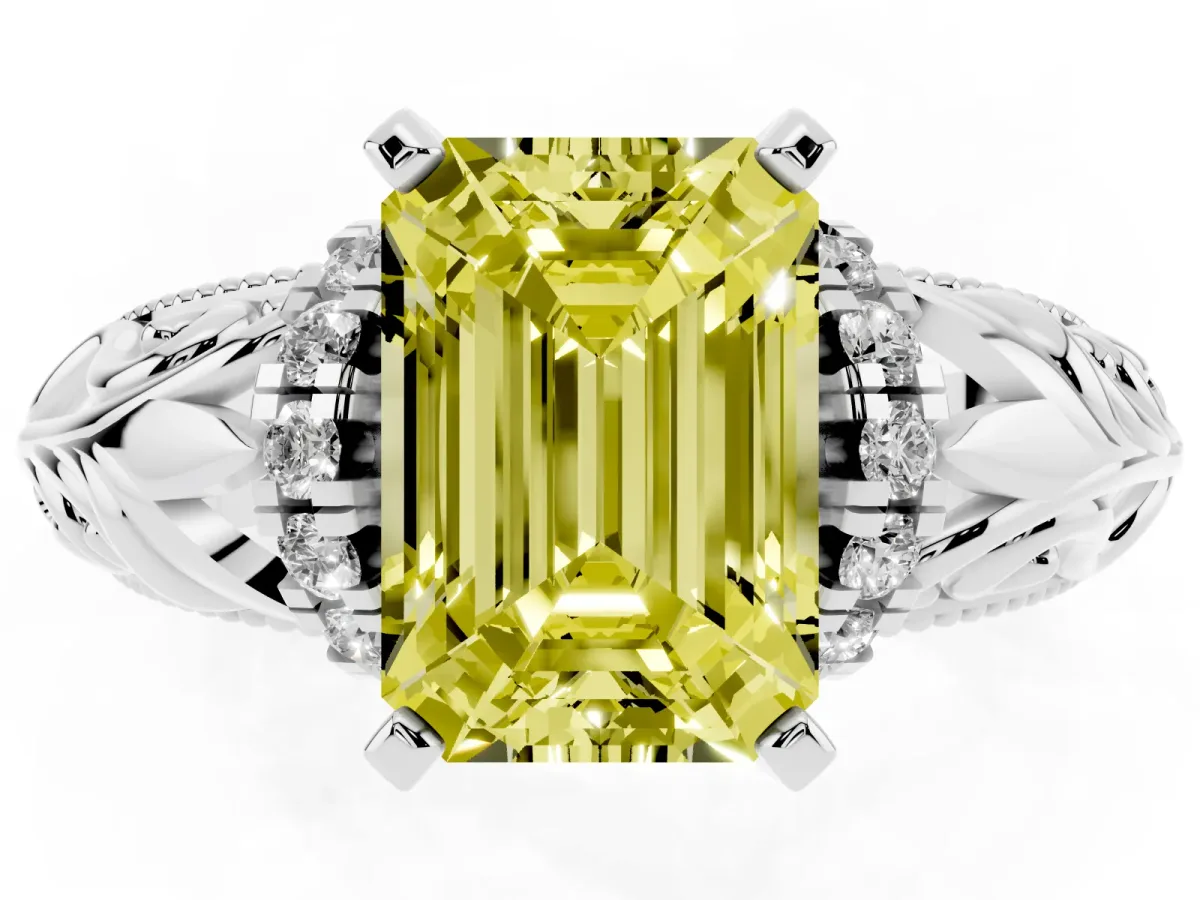 Fancy Yellow Emerald Cut Solitaire Filigree Engagement Ring with Halo and Prong Setting Silver