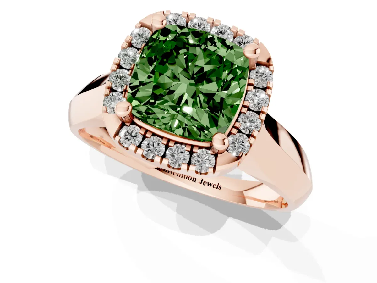 Fancy Green Cushion Cut Cut Halo Solitaire Engagement Ring with Square Band and Four-Prong Setting Rose gold