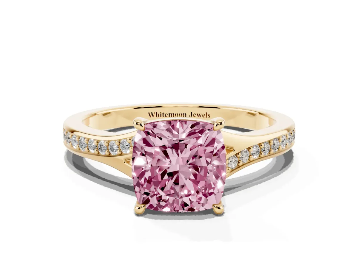 Fancy Pink Cushion Cut Diamond Solitaire Ring with Pavé Band and Prong Setting Yellow gold