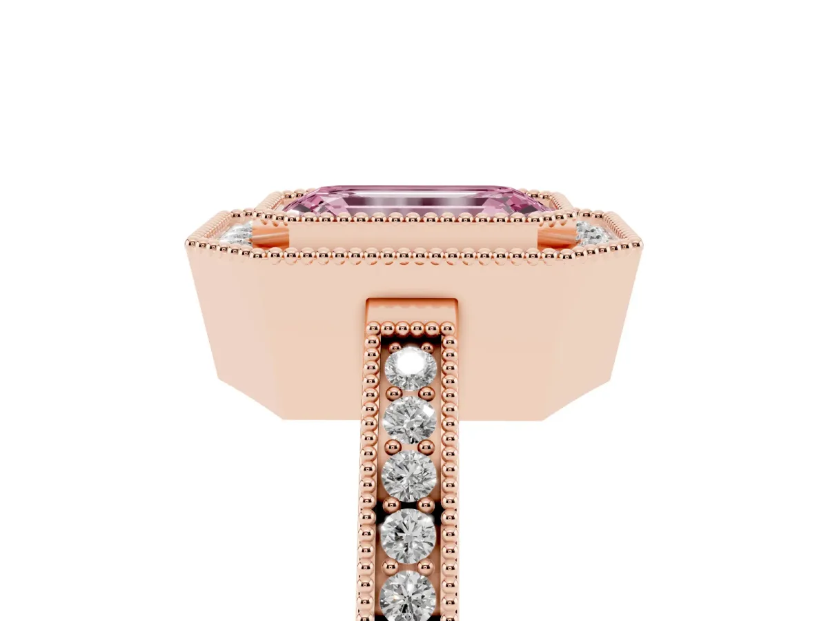 Fancy Pink Emerald Cut Cut Halo Diamond Ring with Pavé Band and Milgrain Prong Setting Rose gold