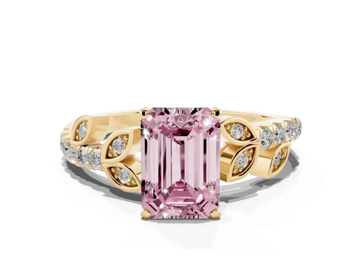 Fancy Pink Emerald Cut Solitaire Leaf-Inspired Diamond Ring with Pavé Band and Four-Prong Setting Yellow gold