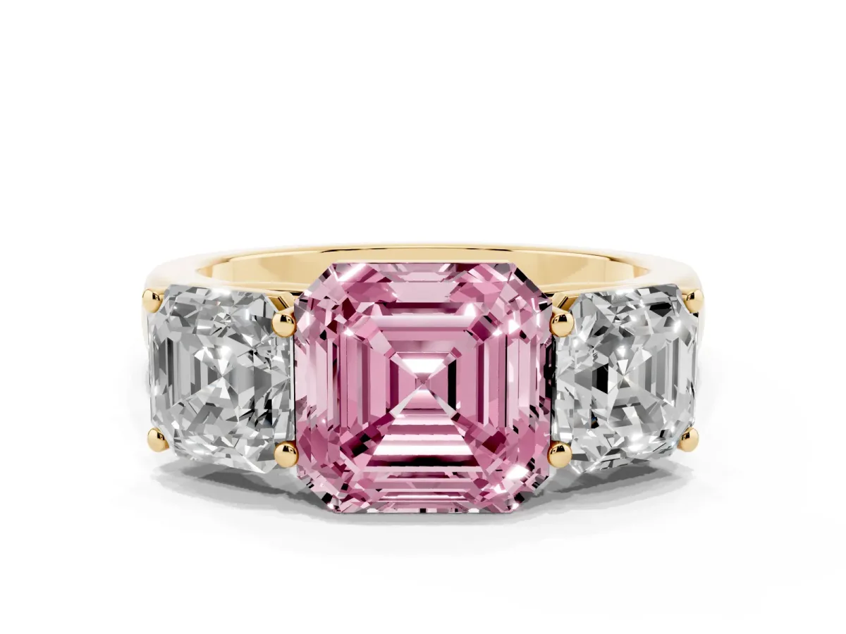 Fancy Pink Asscher Cut Three-Stone Diamond Ring with Prong Setting on a Classic Band Yellow gold