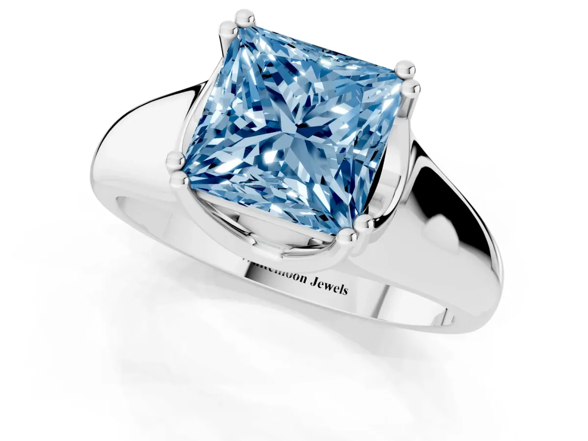 Fancy Blue Princess Cut Diamond Solitaire Ring with Wide Band and Prong Setting Platinum