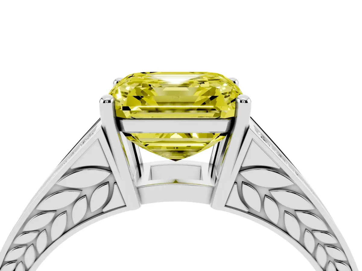 Fancy Yellow Asscher Cut Diamond Split Shank Ring with Pavé Band and Four-Prong Setting White gold