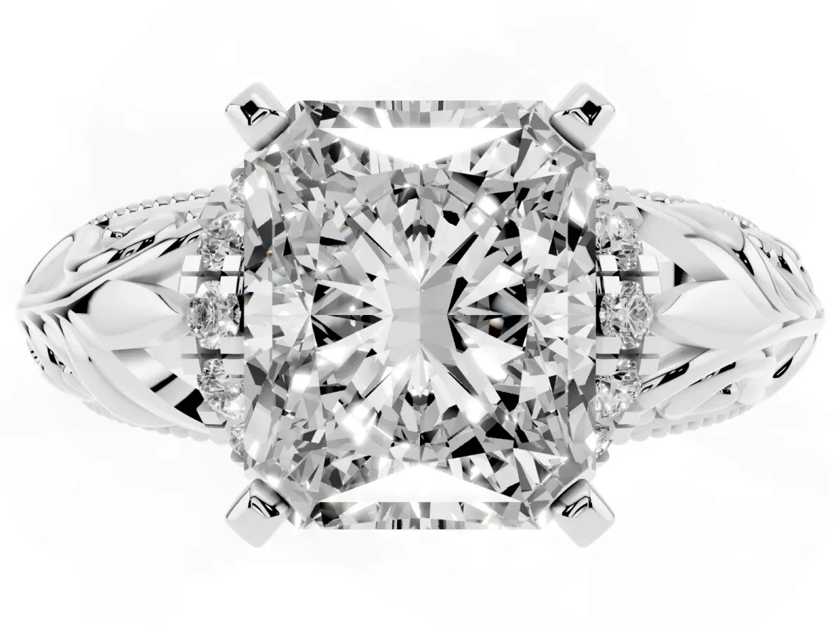 Radiant Cut Solitaire Filigree Engagement Ring with Halo and Prong Setting Silver