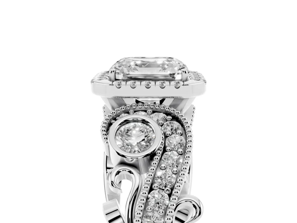 Asscher Cut Halo Diamond Ring with Milgrain and Bezel Accents on a Split Shank Band Platinum
