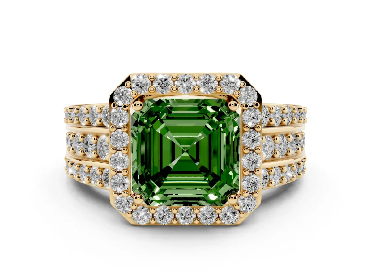 Fancy Green Asscher Cut Halo Diamond Ring with Round Split Shank and Prong Setting Yellow gold