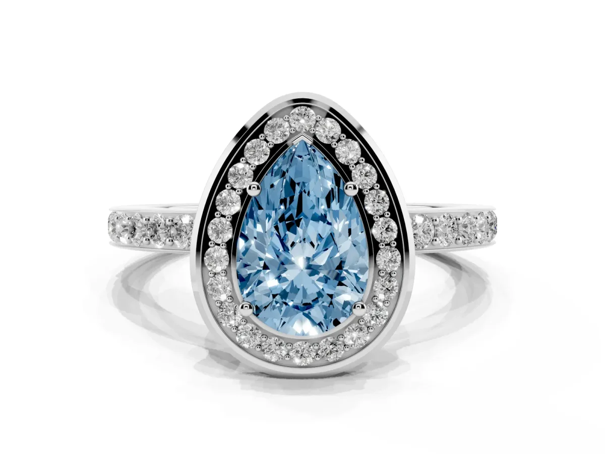 Fancy Blue Pear Cut Diamond Halo Ring with Bezel Frame and Pavé Band Silver