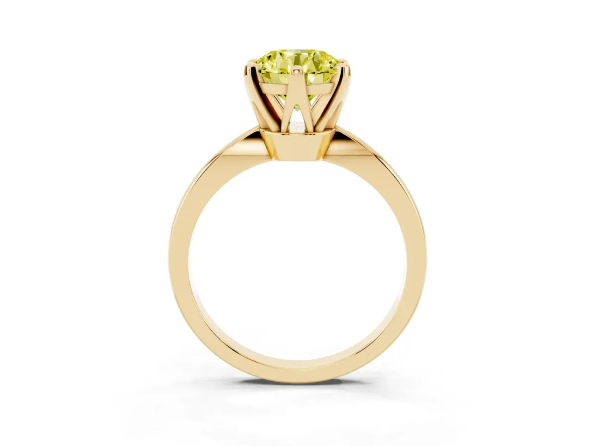 Fancy Yellow Round Cut Solitaire Engagement Ring with Six-Prong Setting and Tapered Band Yellow gold