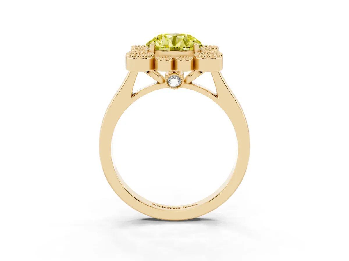 Fancy Yellow Round Cut Halo Diamond Cluster Engagement Ring with Milgrain Bezel Setting and Solitaire Band Yellow gold