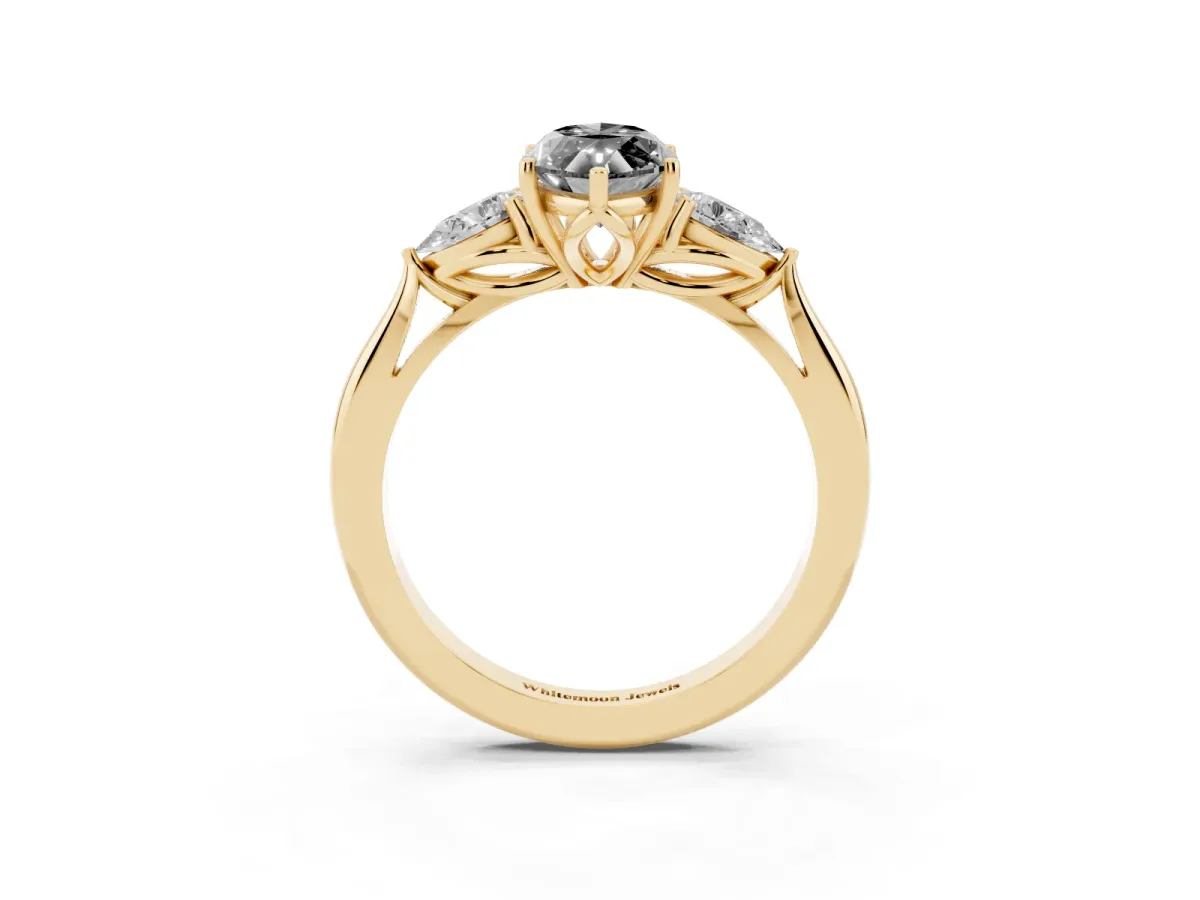 Fancy Black Three-Stone Marquise Cut Brilliant Diamond Solitaire Ring with Tapered Band and Four-Prong Setting Yellow gold
