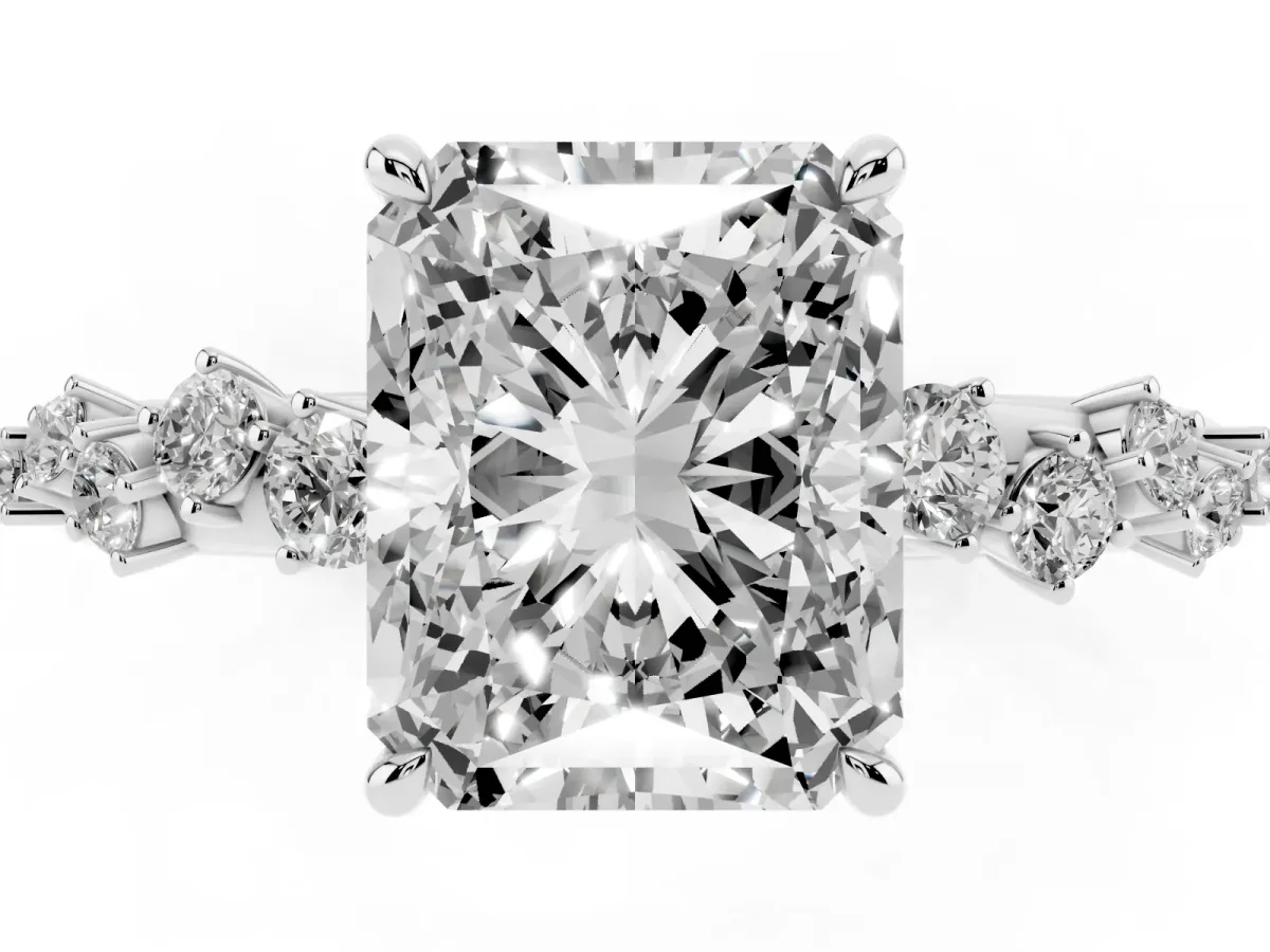 Radiant Cut Diamond Cluster Side Stone Solitaire Ring with Prong Setting Silver