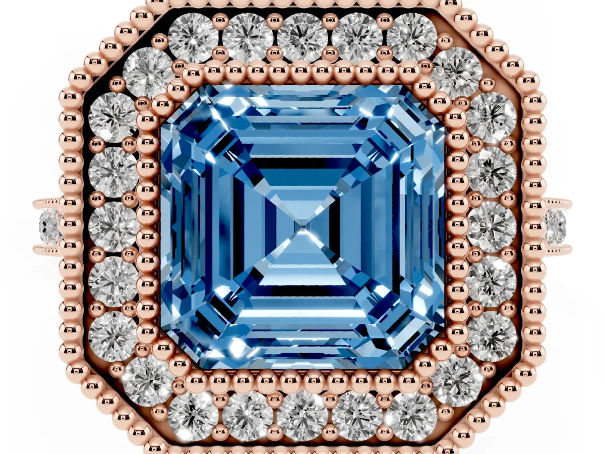 Fancy Blue Asscher Cut Diamond Halo Ring with Milgrain Frame and Pavé Band Rose gold