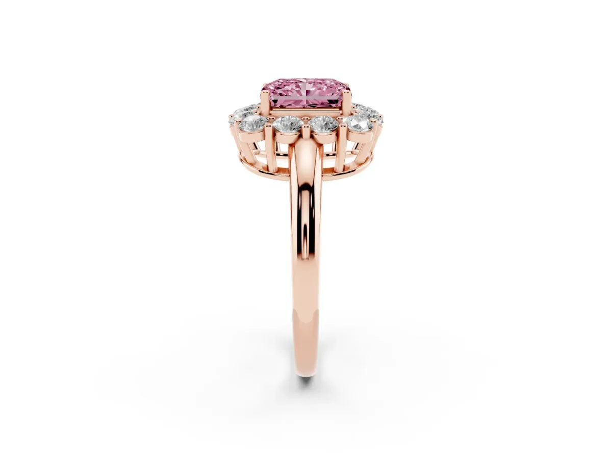 Fancy Pink Radiant Cut Halo Cluster Diamond Engagement Ring with Prong Setting and Polished Band Rose gold