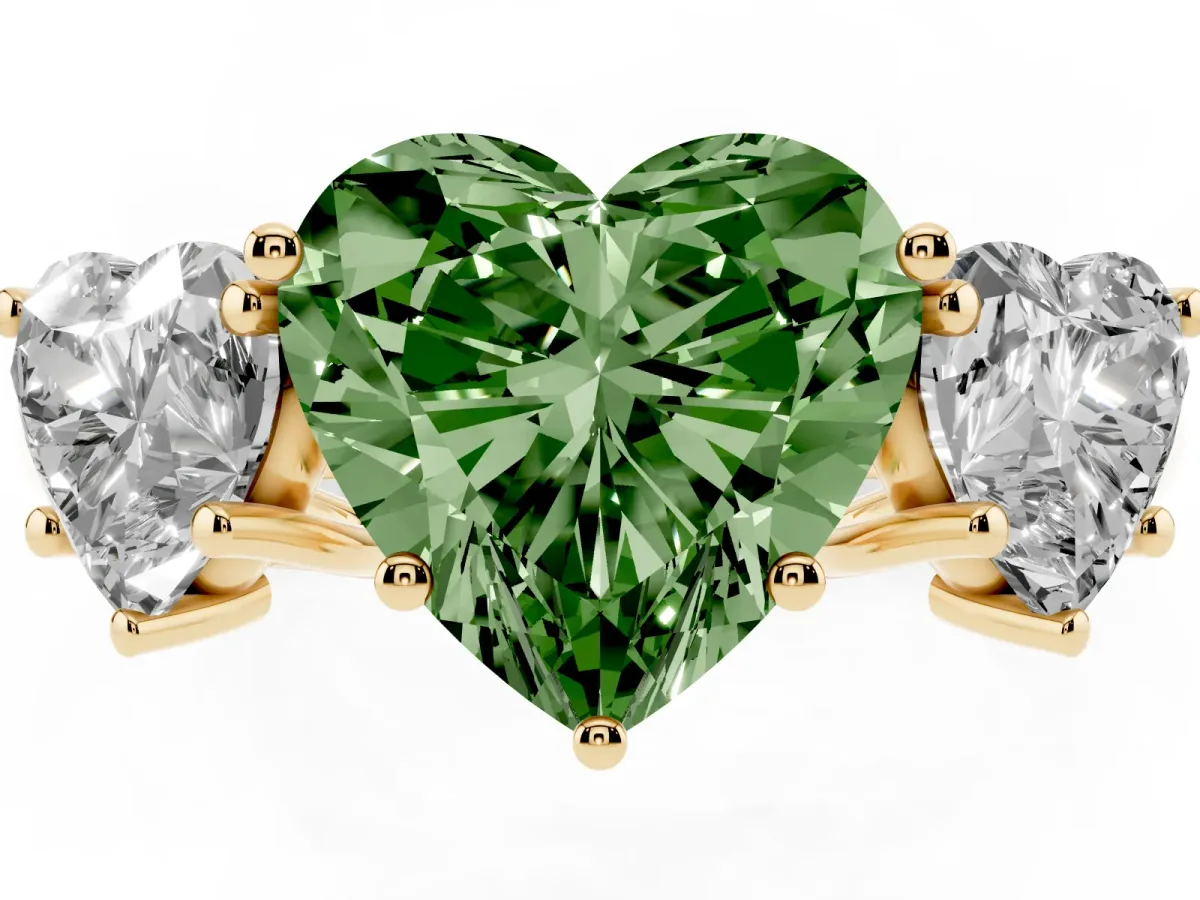 Fancy Green Three-Stone Heart Cut Diamond Engagement Ring with Prong Setting Yellow gold