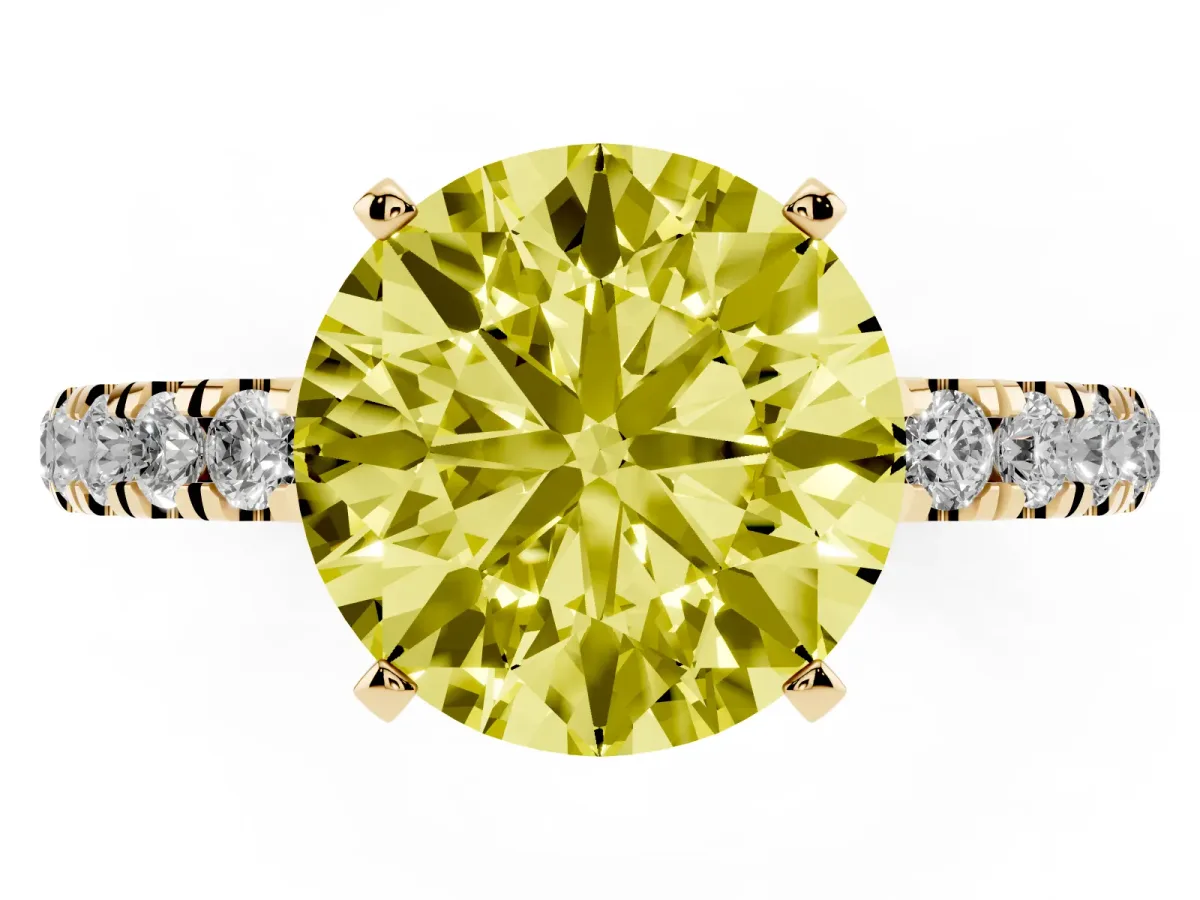 Fancy Yellow Round Cut Diamond Solitaire Ring with Pavé Accents and Four-Prong Setting Yellow gold