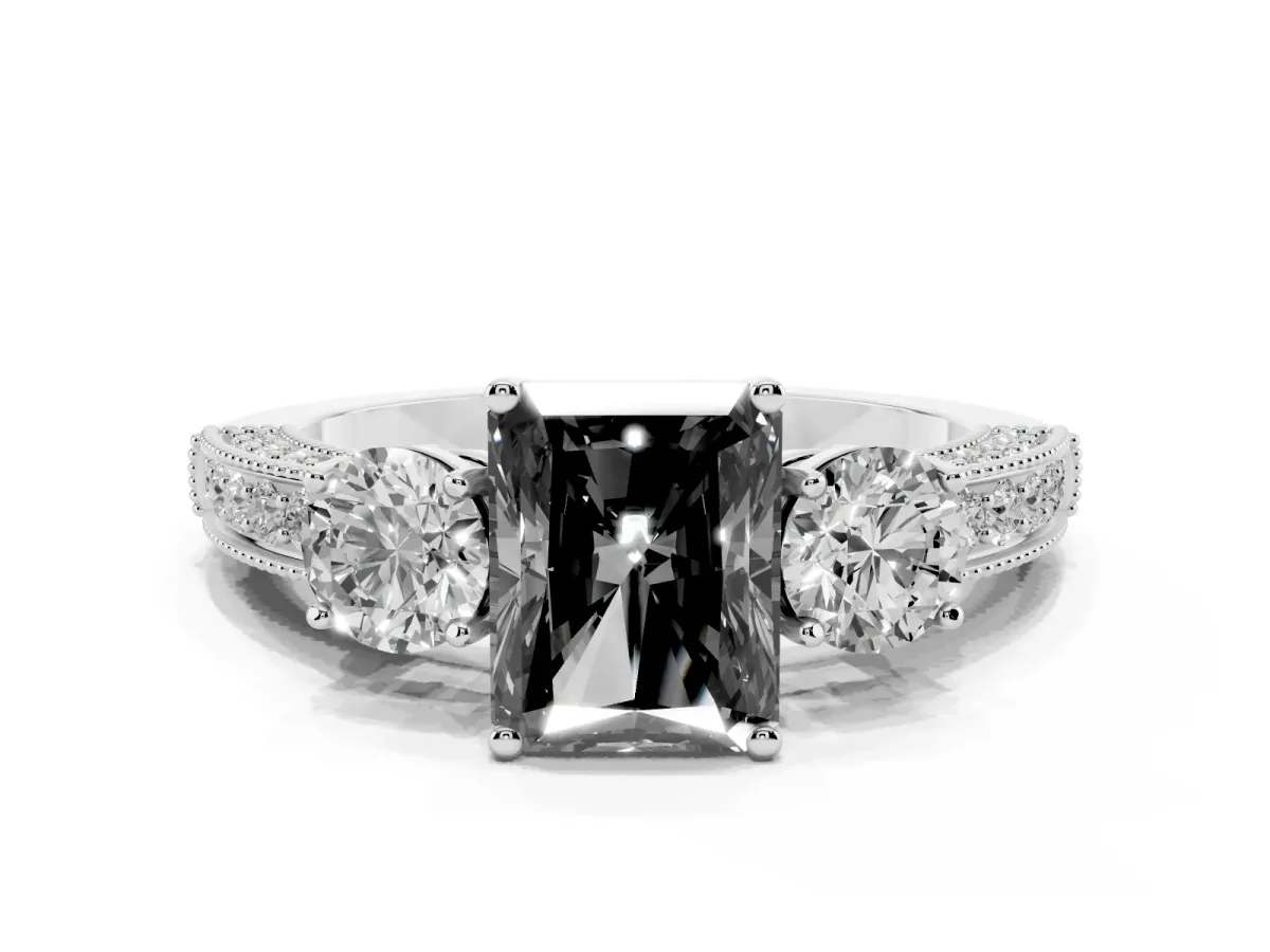Fancy Black Radiant Cut Three-Stone Diamond Ring with Pavé Band and Four-Prong Setting Silver