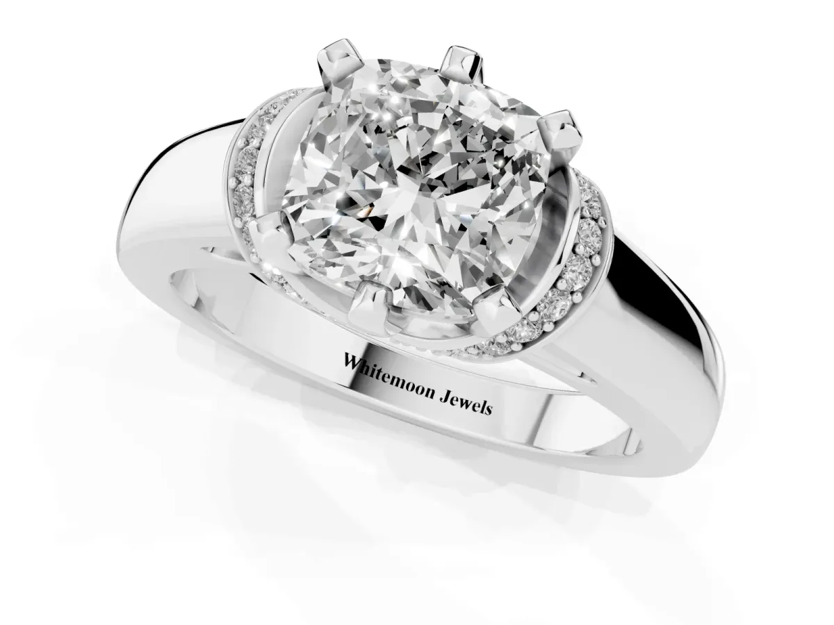 Cushion Cut Solitaire Diamond Ring with Pave Band and Six-Prong Setting Silver