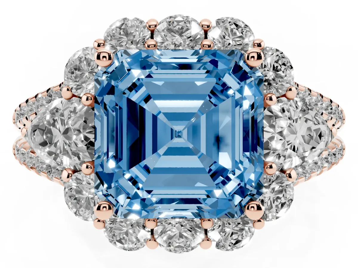 Fancy Blue Asscher Cut Halo Split Shank Diamond Engagement Ring with Prong Setting Rose gold