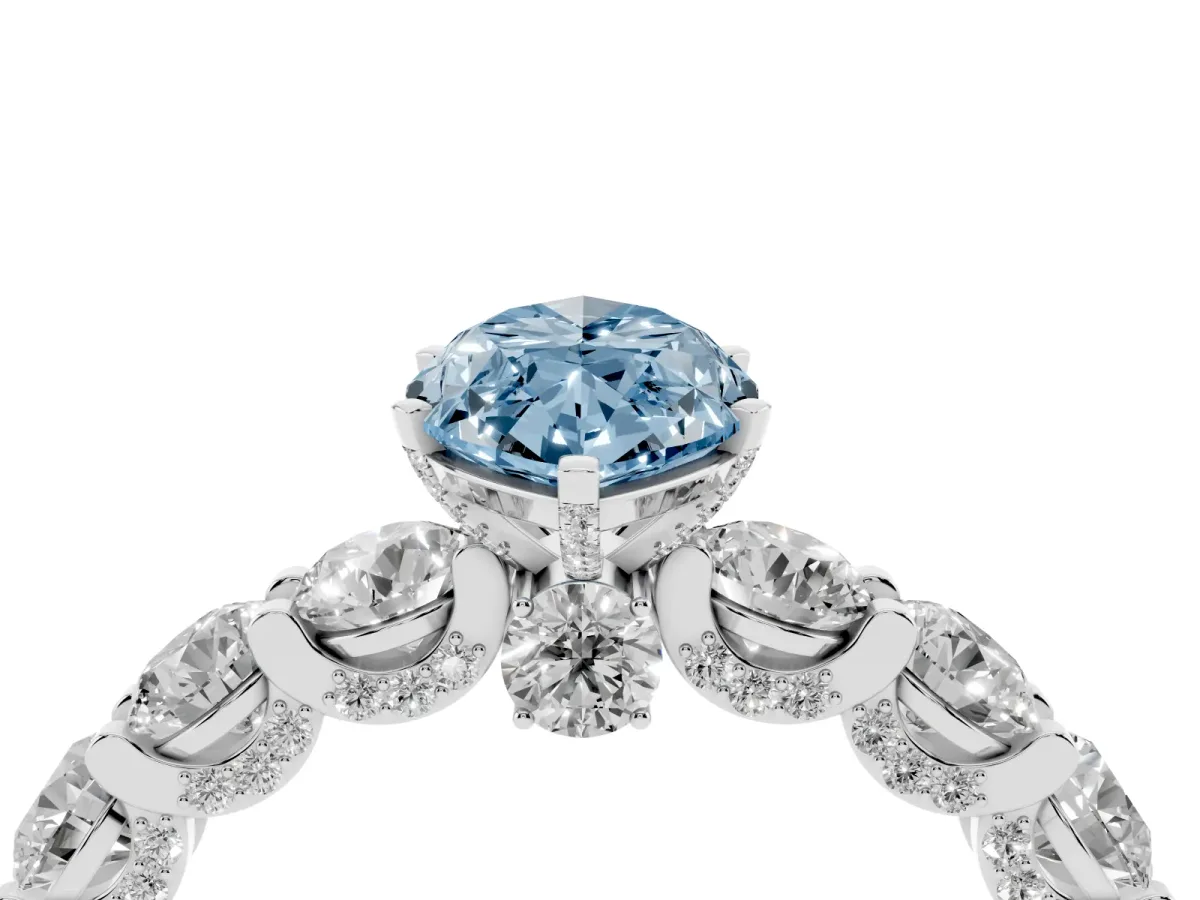 Fancy Blue Marquise Cut Diamond Side Stone Engagement Ring with Four-Prong Setting Silver