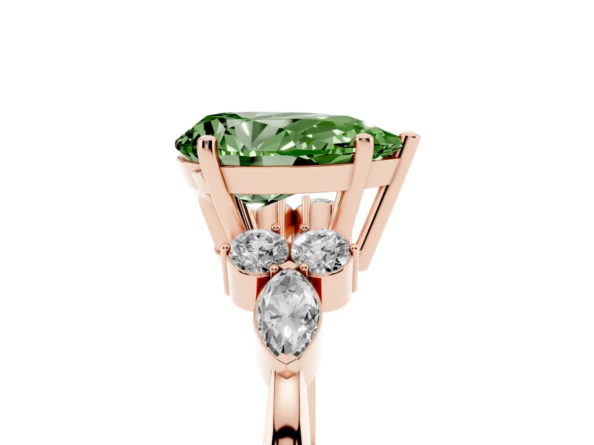 Fancy Green Pear Cut Brilliant Diamond Solitaire Ring with Pear Side Stones and Four-Prong Setting Rose gold