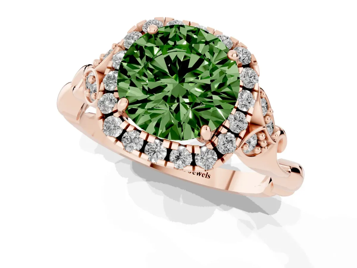 Fancy Green Round Cut Halo Diamond Engagement Ring with Vintage-Inspired Band and Four-Prong Setting Rose gold