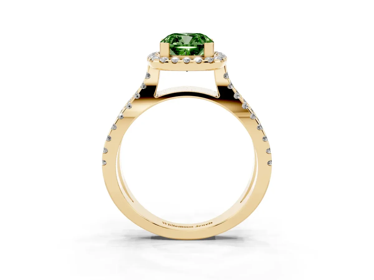 Fancy Green Cushion Cut Diamond Halo Ring with Split Shank Pavé Band and Prong Setting Yellow gold