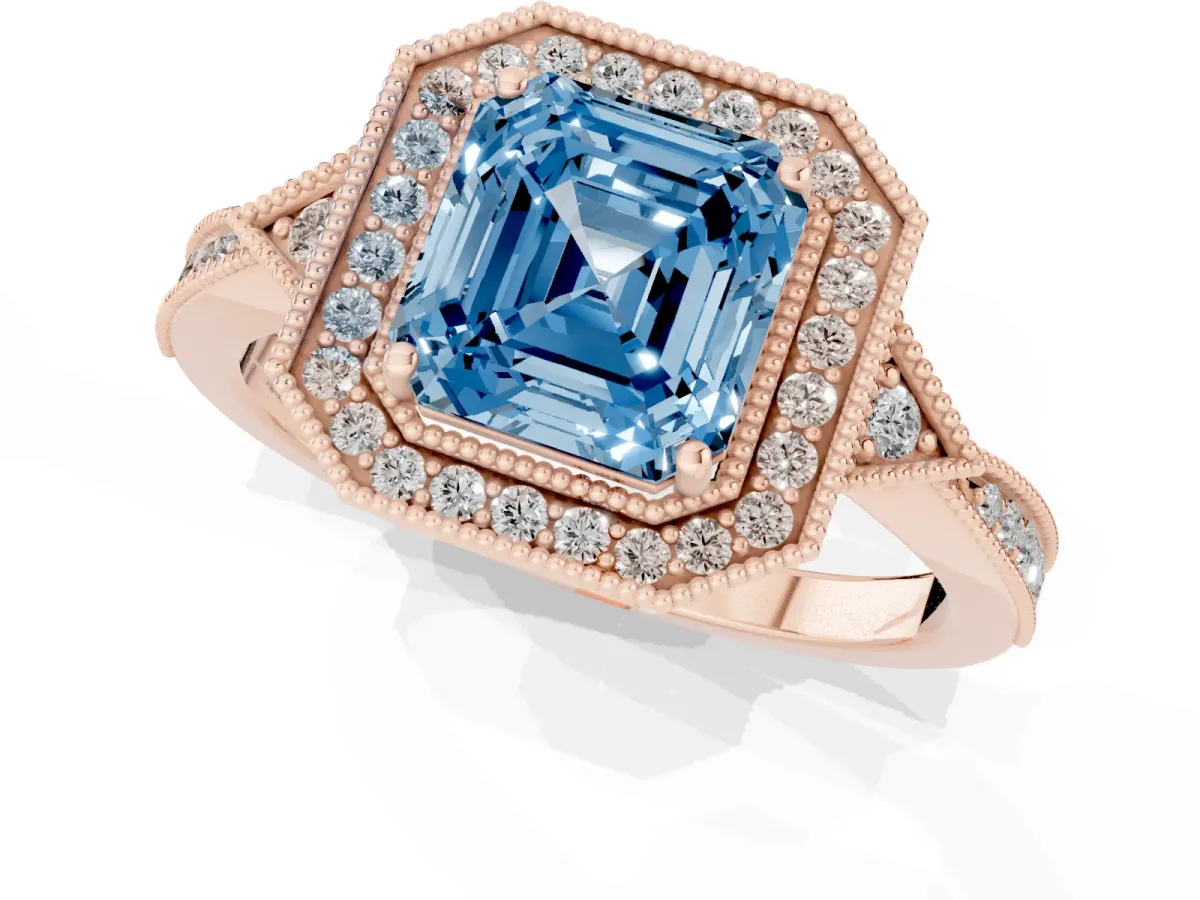 Fancy Blue Asscher Cut Halo Round Diamond Milgrain Pave Engagement Ring Rose gold