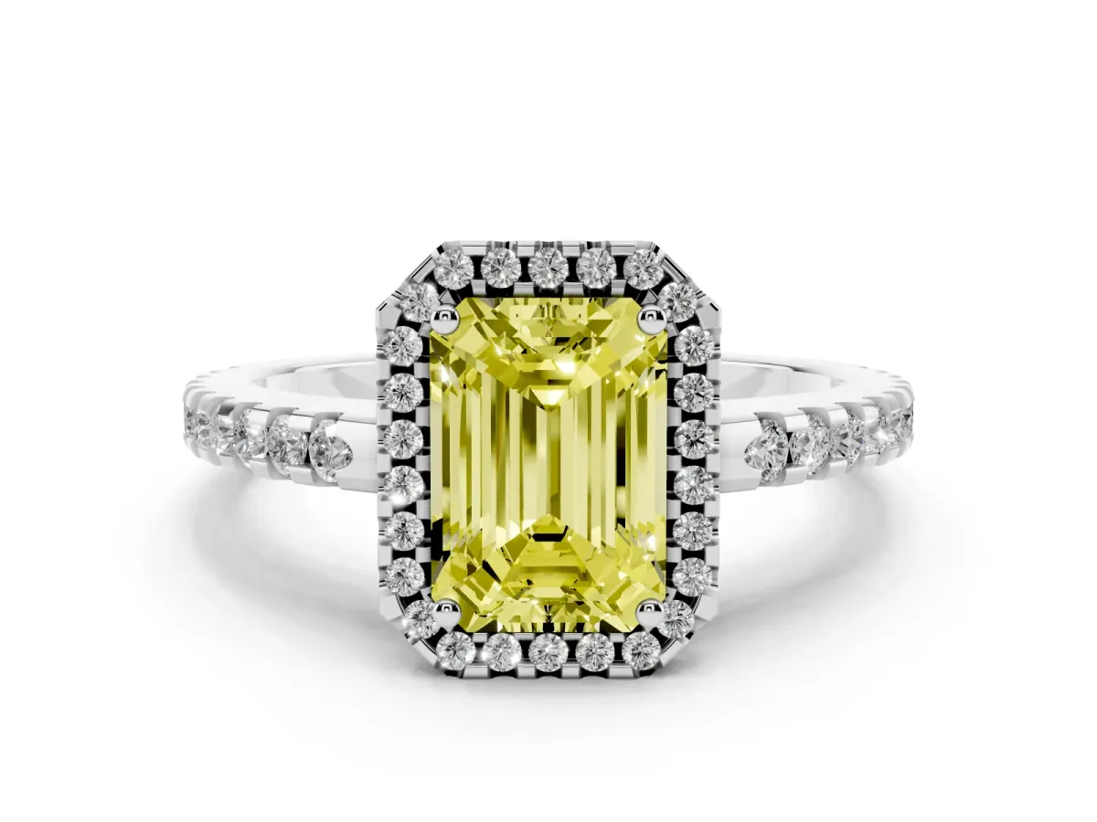 Fancy Yellow Emerald Cut Diamond Halo Engagement Ring with Pavé Band and Prong Setting Platinum
