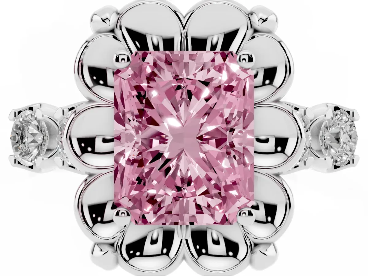 Fancy Pink Radiant Cut Cut Diamond Floral Halo Engagement Ring with Shared Prong Setting Silver