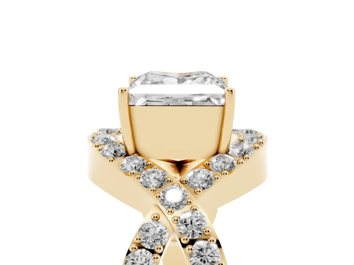 Princess Cut Solitaire Twist Band Pavé Diamond Engagement Ring Yellow gold