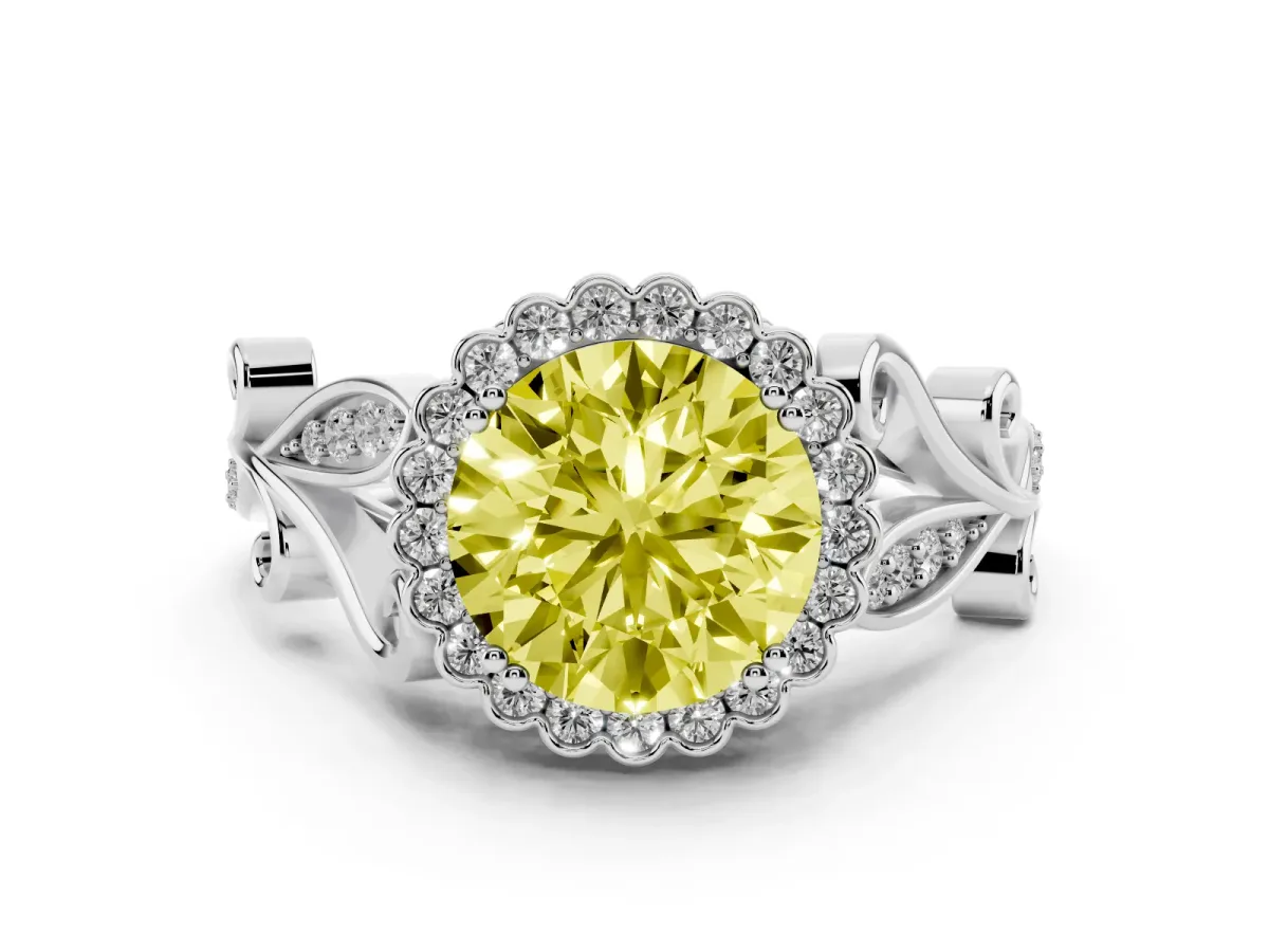 Fancy Yellow Round Cut Diamond Halo Ring with Vintage Split Shank and Four-Prong Setting Silver
