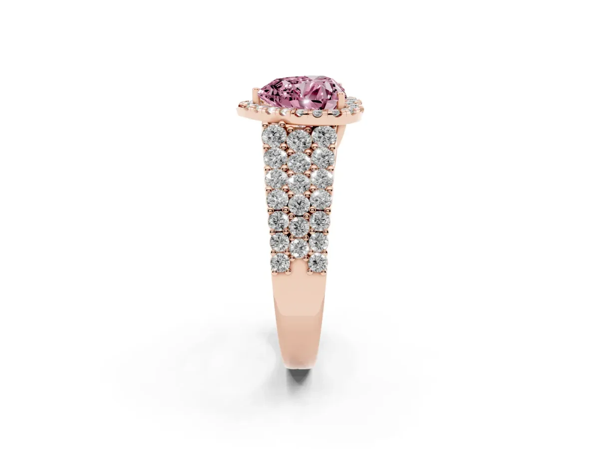 Fancy Pink Heart Cut Diamond Halo Engagement Ring with Triple Row Round Pavé Band and Prong Setting Rose gold