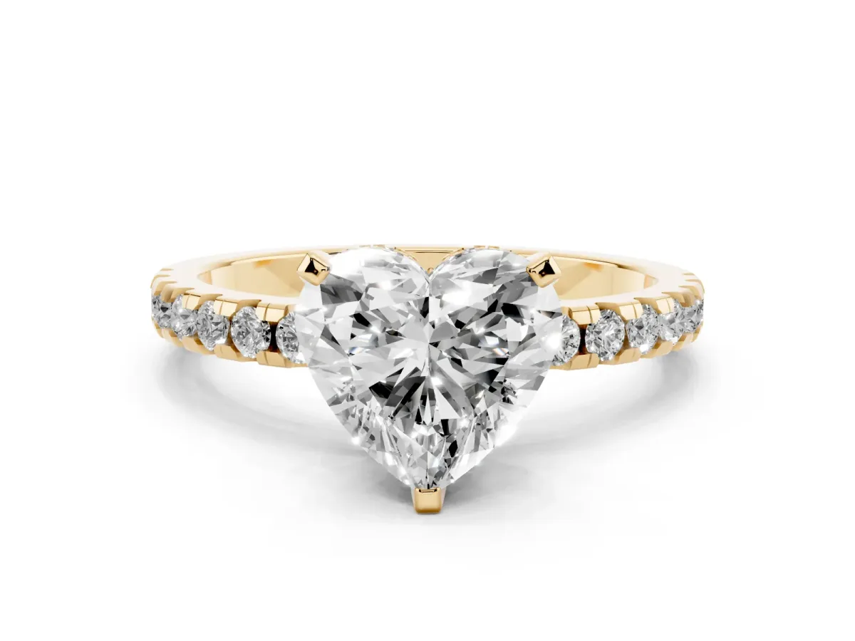 Heart Cut Diamond Solitaire Ring with Round Pavé Band and Four-Prong Setting Yellow gold