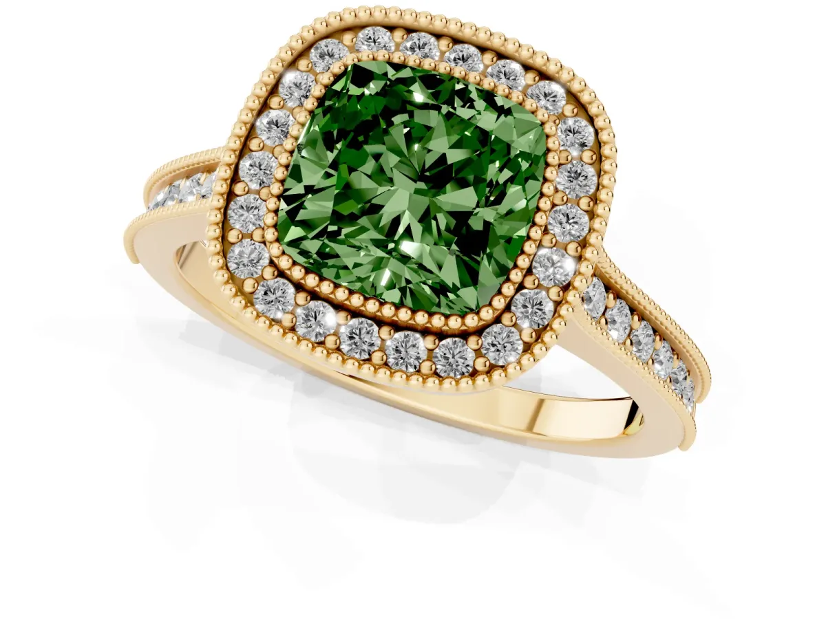 Fancy Green Halo Cushion Cut-Cut Diamond Pave Band Milgrain Prong Setting Ring Yellow gold