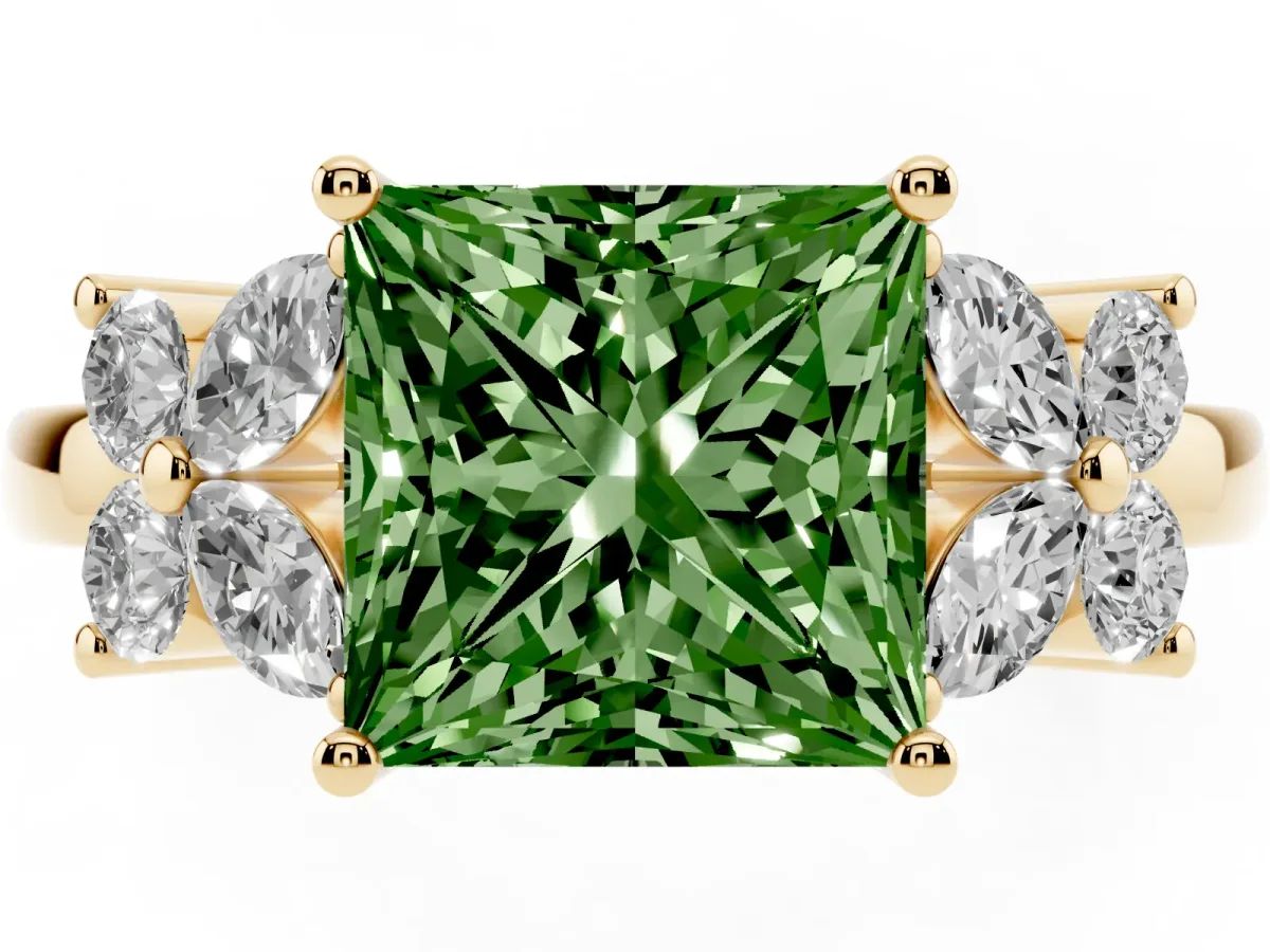 Fancy Green Princess Cut Diamond Floral Cluster Ring with Solitaire Band and Prong Setting Yellow gold