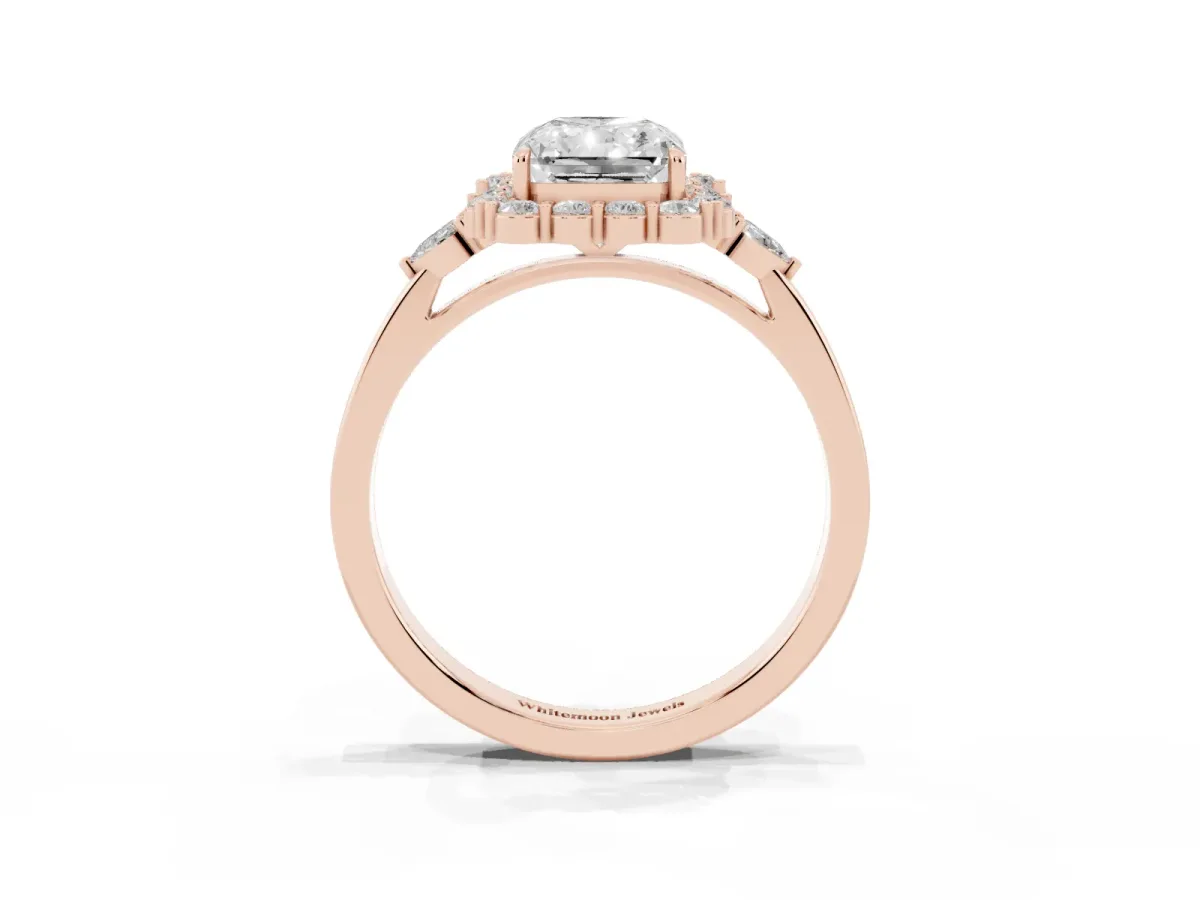 Radiant Cut Diamond Halo Ring with Pear Side Stones and Prong Setting Rose gold